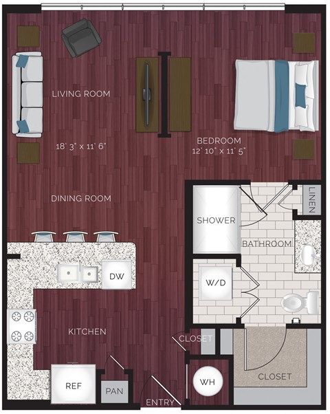 Floor plan for 1 bed, 1 bath, 720 sqft